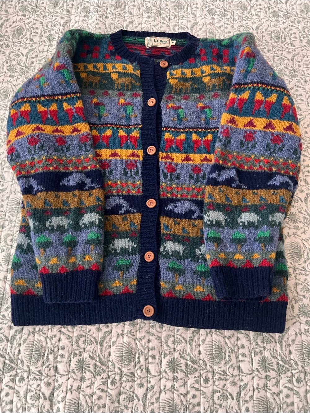 Vintage LL Bean Wool Cardigan Sweater Womens Animals Rare Wood Buttons Medium